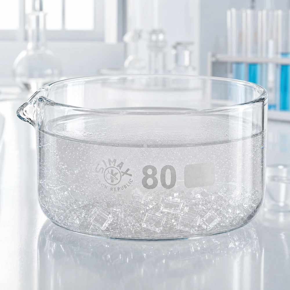 Runde Glasschale 80mm Durchmesser mit Ausguss gefüllt mit Wasser und Kristallen im Labor