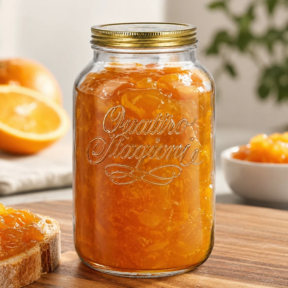 Quattro Stagioni 3800ml Einmachglas gefüllt mit Orangenmarmelade auf Holzbrett mit frischen Orangen und Brot