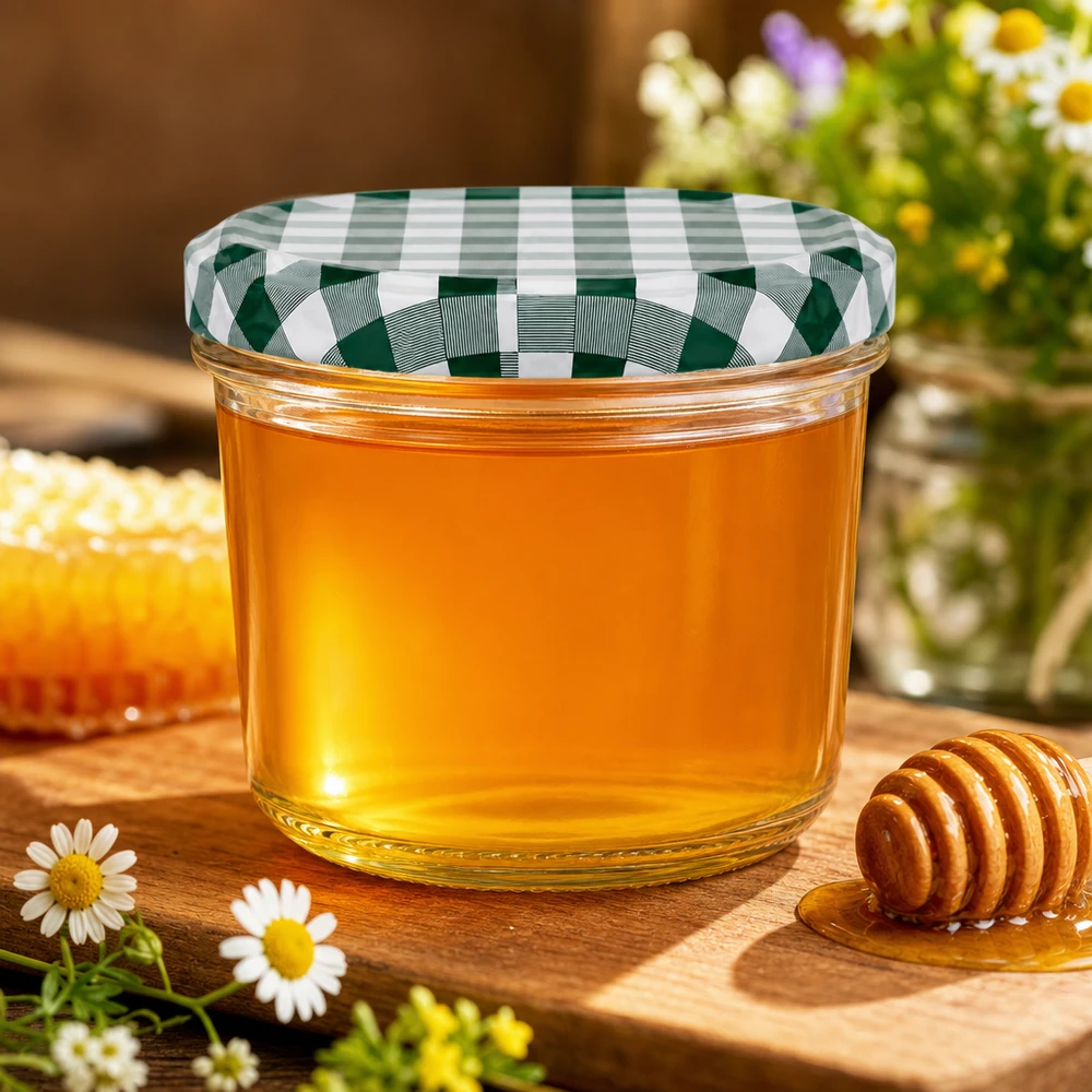 230ml Sturzglas mit Honig gefüllt Honigglas BasicSeal Deckel grün-weiß kariert Honigdipper Holzbrett Dekoration