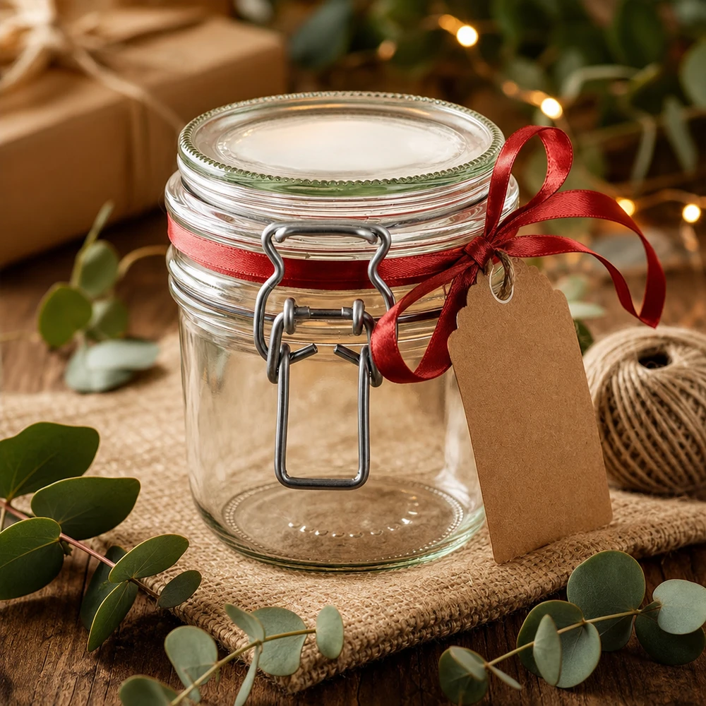 255ml Vorratsglas Typ G mit Bügelverschluss UN.. Weihnachtlich dekoriertes 255ml Vorratsglas mit roter Schleife und Geschenkanhänger auf Jute mit Eukalyptus