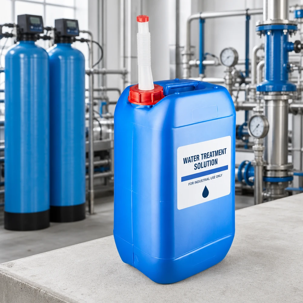 Rechteckiger Blaukanister 15 Liter mit rotem Schraubdeckel und biegsamem Ausgießrohr