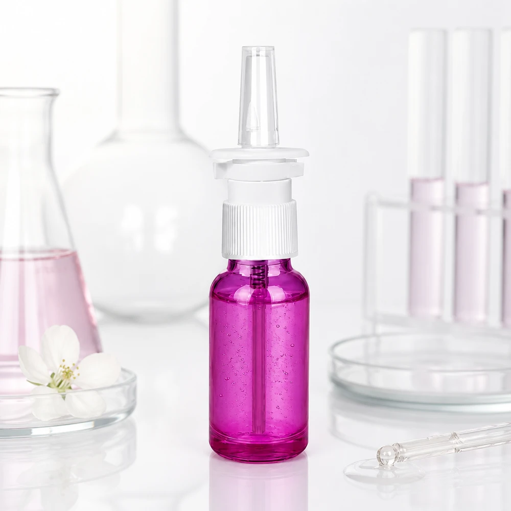 20ml Nasensprayflasche weiß/transparent Standard PurpleLine. UT18/20 20ml Sprayflasche in Purple mit feinem Sprühnebel für nasale Behandlungen und Pflegeprodukte