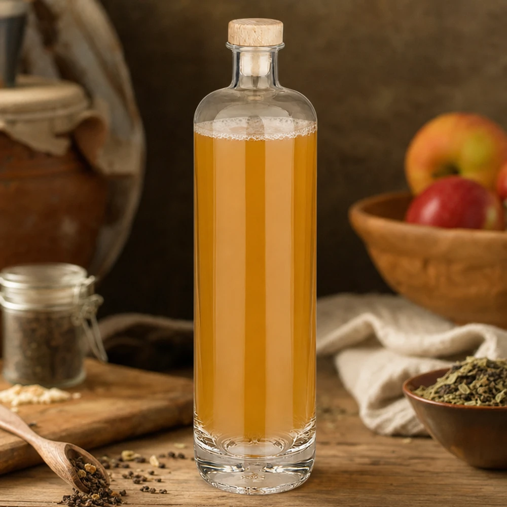 700ml Glasflasche Ella mit goldener Tinktur und Holzkorken umgeben von Gewürzen und Früchten in rustikaler Küche