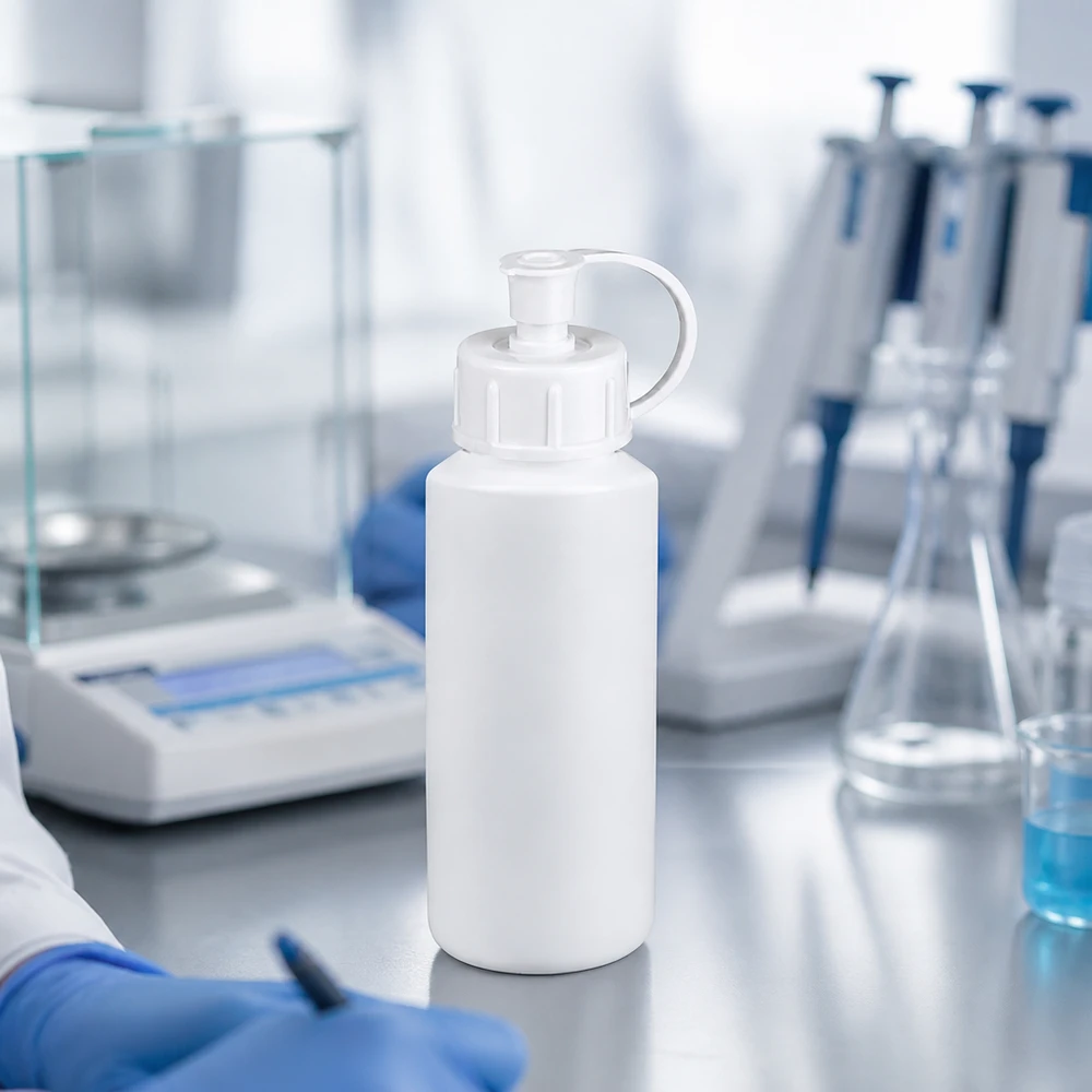 Kompakte weiße Apothekerflasche mit Dosierverschluss auf Edelstahltisch im professionellen Labor