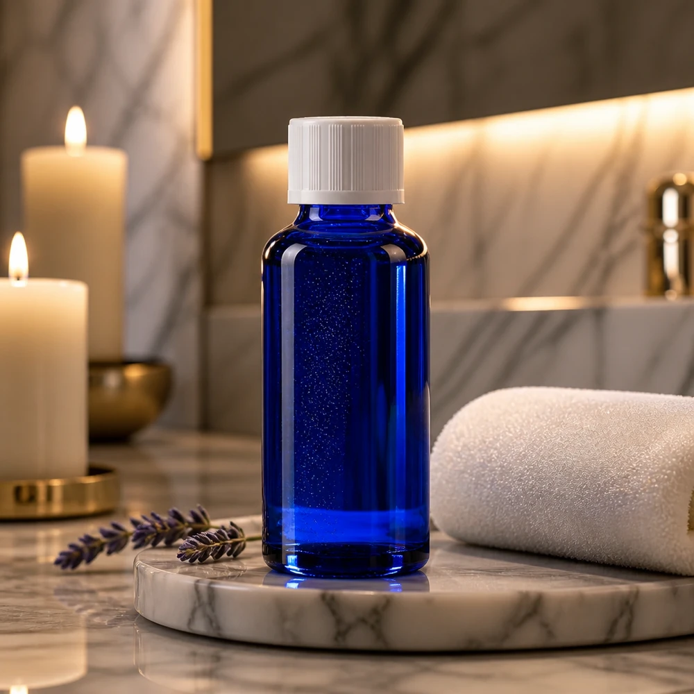 Apothekenflasche blau 30ml Tropfverschluss weiß Kindersicherung Standard Kleine blaue Tropfflasche 30ml aus UV-Schutzglas mit kindersicherem KiSi-Deckel im Spa-Ambiente