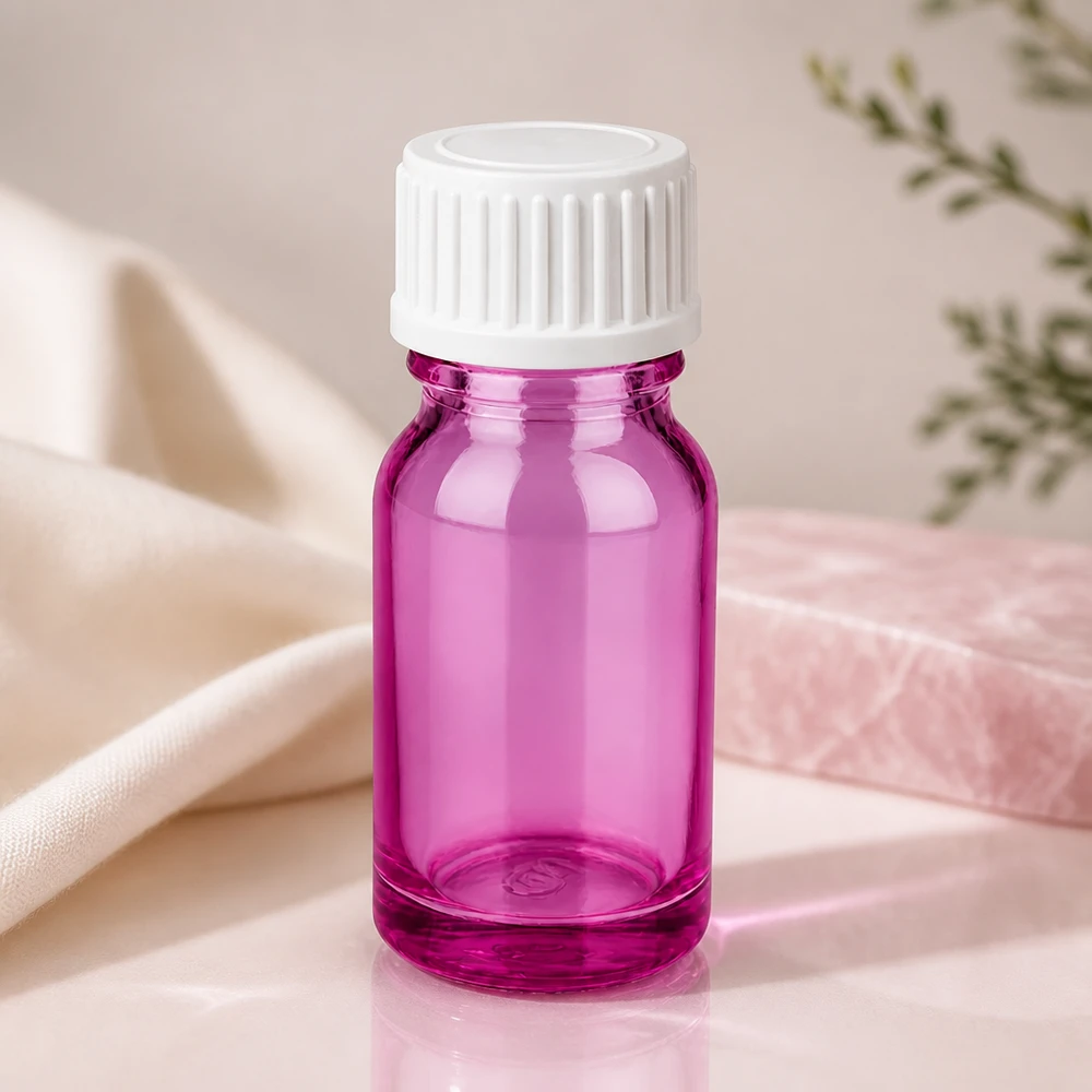 10ml (Globuli)Flasche.. 3mm Giessring weiß Standard PurpleLine. UT18/10 Premium 10ml Glasflasche in rosa mit UV-Schutz durch getöntes Glas für Lichtschutz
