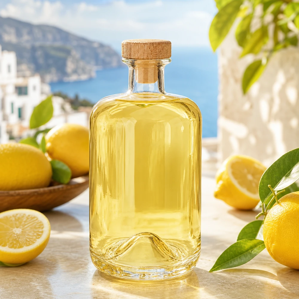 700ml Glasflasche Sofia mit Holzkorken gefüllt mit gelber Zitronenlikör in mediterraner Küstenkulisse mit Zitronen