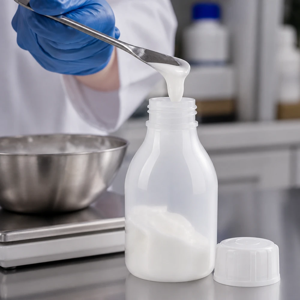 30ml Schraubflasche, Enghals Laborflasche Labor-Schraubflasche 30ml mit geöffnetem Verschluss auf Edelstahl-Arbeitsfläche im Labor