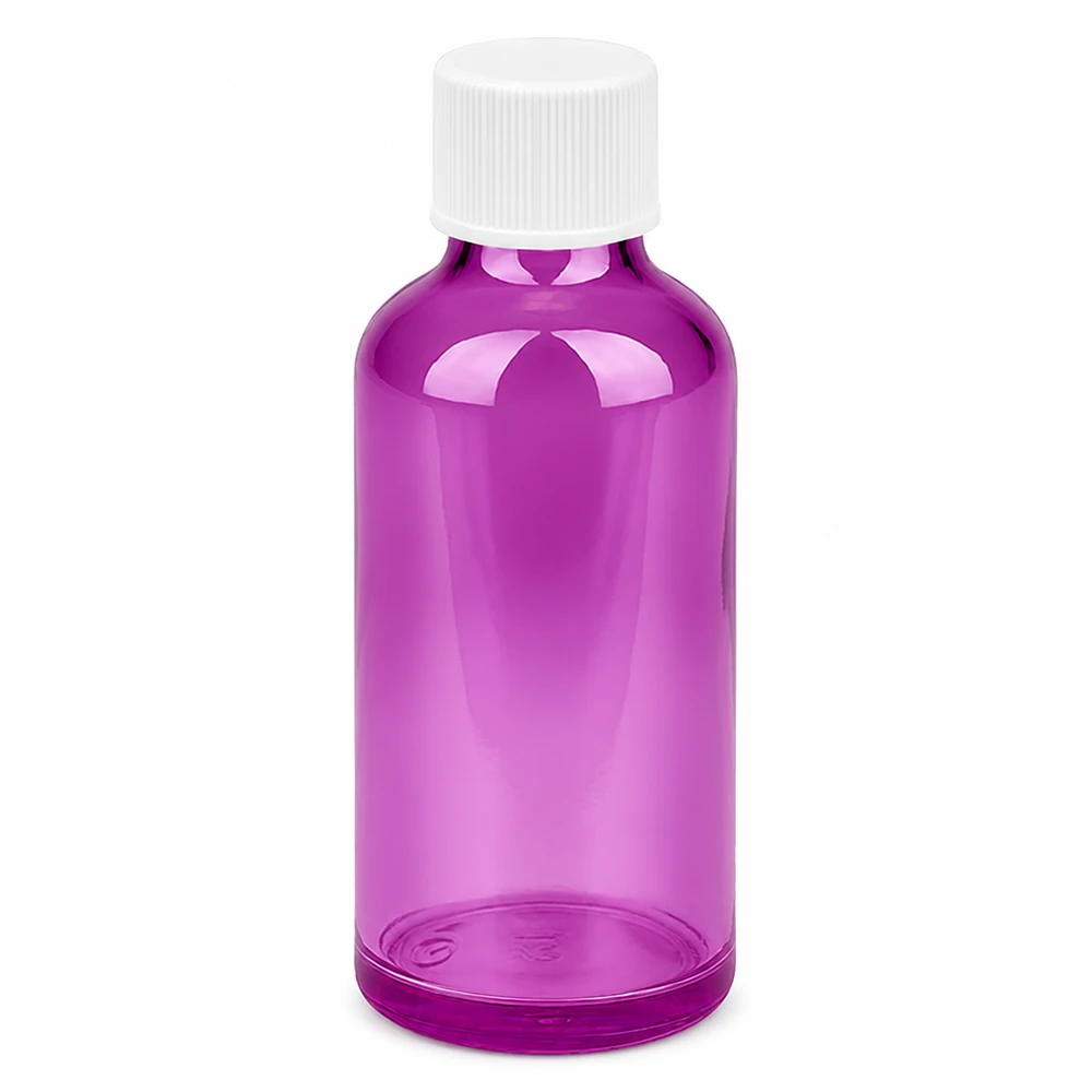50ml Flasche 11mm Schraubverschluss weiss Standard PurpleLine UT18/50 50ml PurpleLine Flasche aus transparentem lila Glas mit weißem Standardverschluss