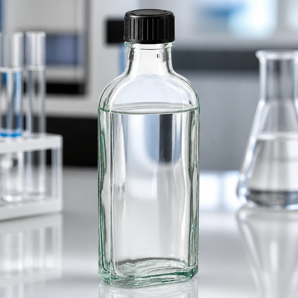100ml Meplat Flasche aus klarem Glas mit geripptem Kunststoffdeckel auf weißer Laborarbeitsfläche