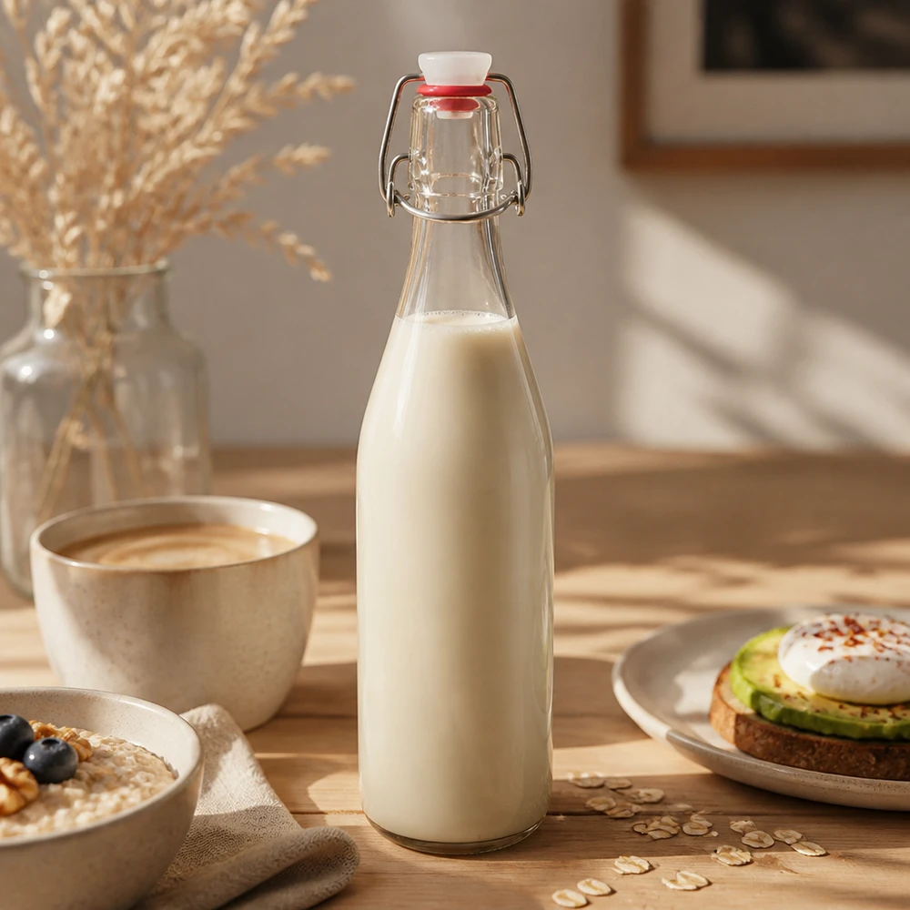 500ml Glasflasche Bügelverschluss mit Hafermilch befüllt warmes Frühstücksambiente Pflanzenmilch Milchersatz