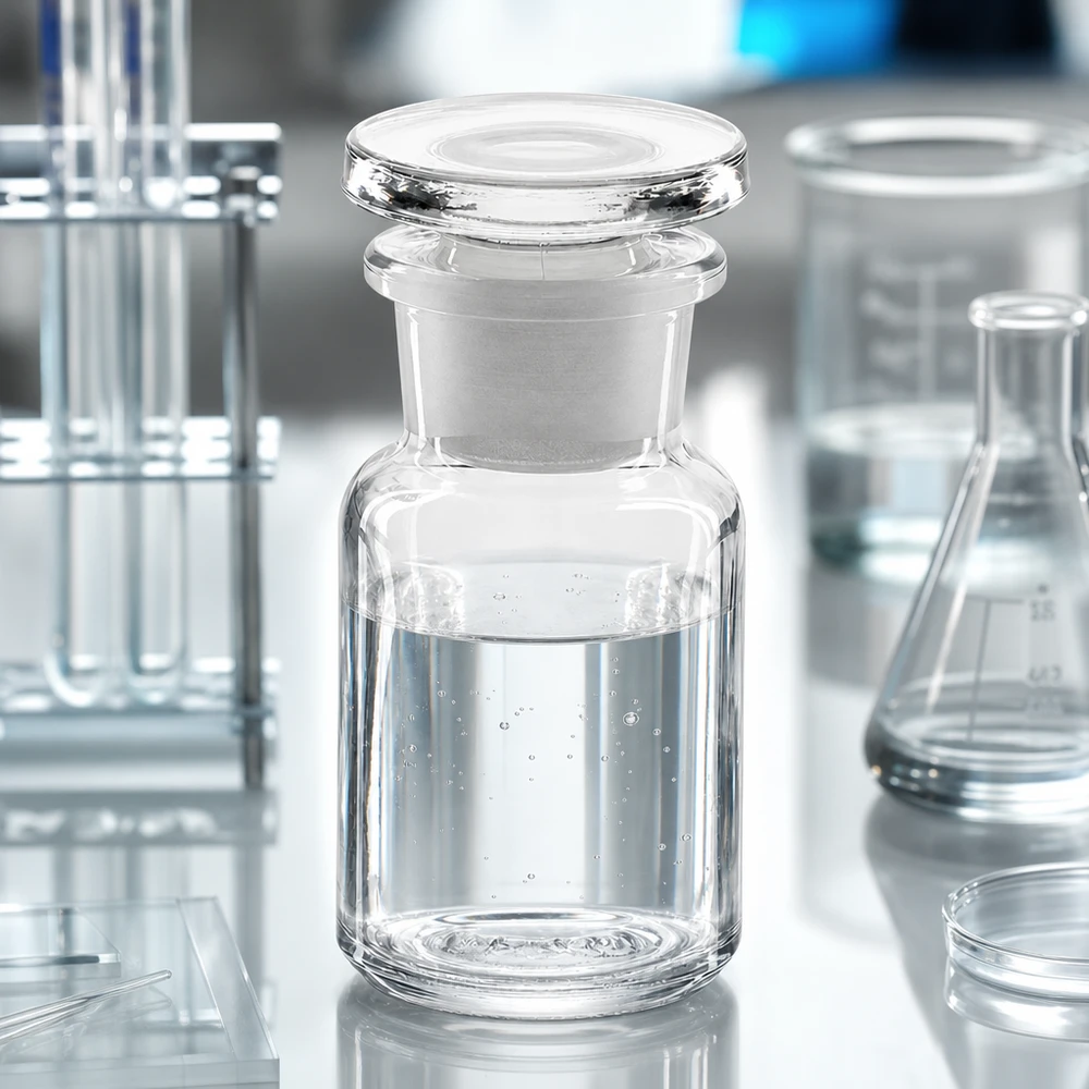 Rundschulterfl. 50ml klar Weithals Glasstopfen Klare 50ml Apothekerflasche Weithals mit Glasstopfen neben Petrischale und Erlenmeyerkolben