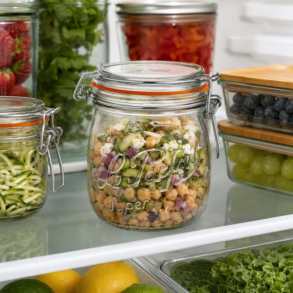 750ml Le Parfait Vorratsglas Super mit Bügelverschluss gefüllt mit Kichererbsensalat im Kühlschrank