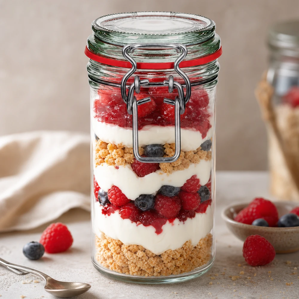 272ml Vorratsglas Typ G mit Bügelverschluss UN.. 272ml Vorratsglas mit Bügelverschluss gefüllt mit Müsli Joghurt und Beeren als appetitliches Dessert im Glas