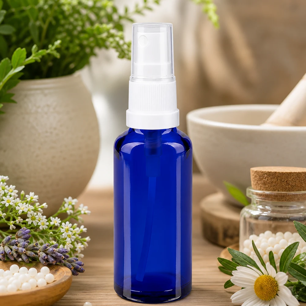 Kleine 30ml Apothekerglas Sprayflasche in Kobaltblau mit transparentem Sprühaufsatz für Naturkosmetik