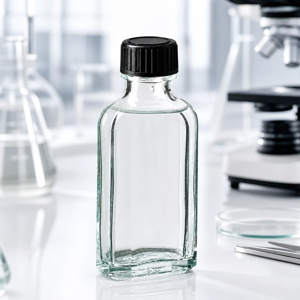 Rechteckige Glasflasche 50 ml transparent mit auslaufsicherem EPE-Schraubverschluss
