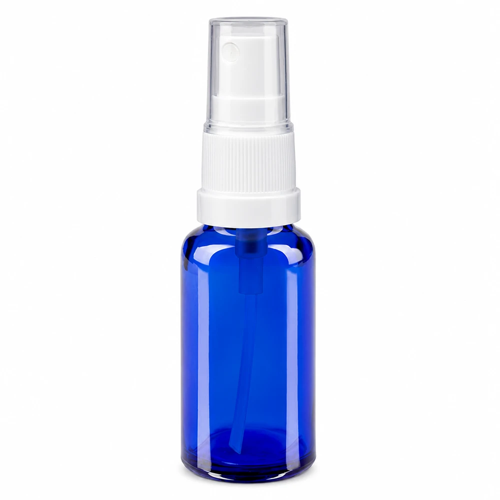 Apothekenflasche blau 20ml Sprayaufsatz weiß Kleine blaue Apothekerflasche 20ml aus UV-Schutzglas mit weißem Sprühkopf STD