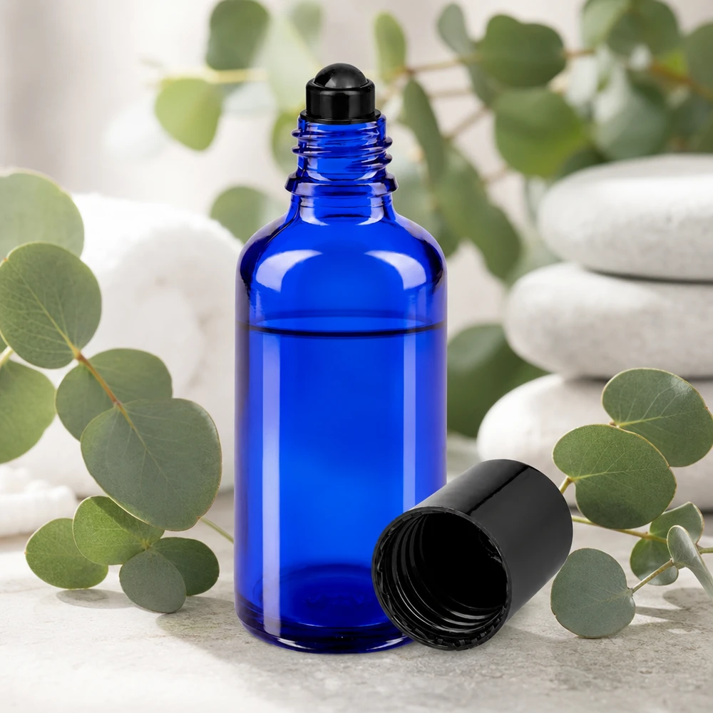 Apothekenflasche blau 50ml Roll-On Verschluss schwarz Nachfüllbare 50ml Glasflasche in Blau mit schwarzem Roll-On Aufsatz für Parfüm und Serum