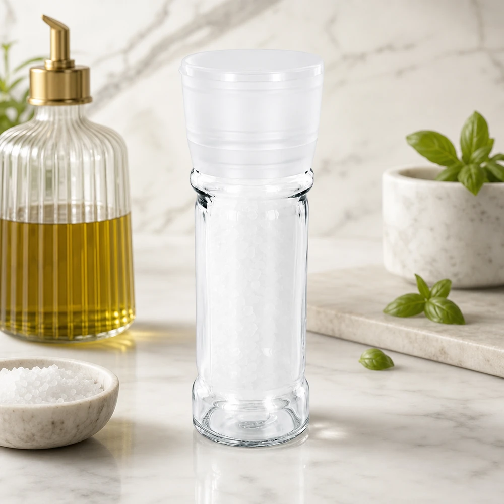 Transparentes Gewürzglas mit Mühle neben Olivenöl frischem Basilikum und grobem Meersalz