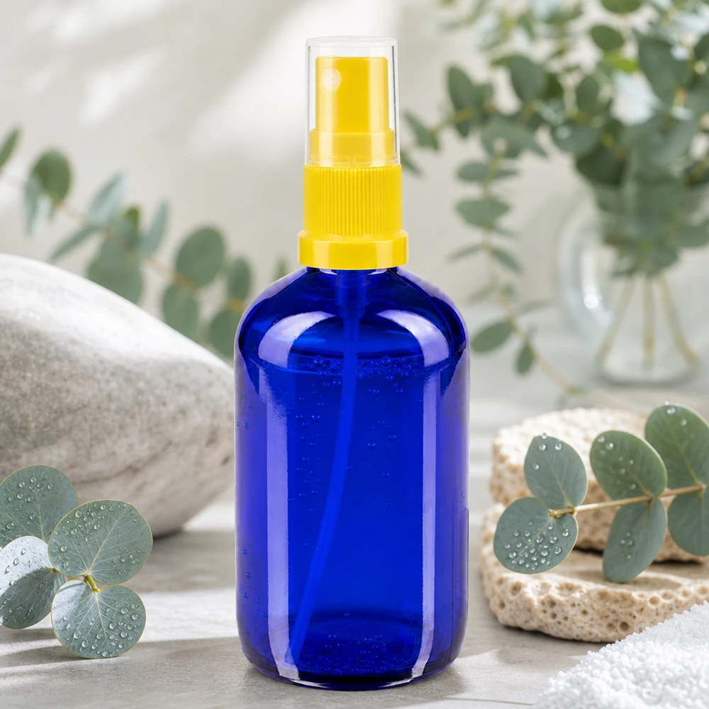 Apothekenflasche blau 100ml Sprayaufsatz gelb Kobaltblaue Apothekerglas Sprayflasche 100ml mit gelbem Pumpzerstäuber für ätherische Öle