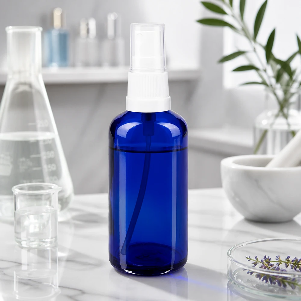 Apothekenflasche blau 50ml Sprayaufsatz weiß 50ml kobaltblaue Glasflasche mit Sprühkopf umgeben von Laborutensilien und Lavendel