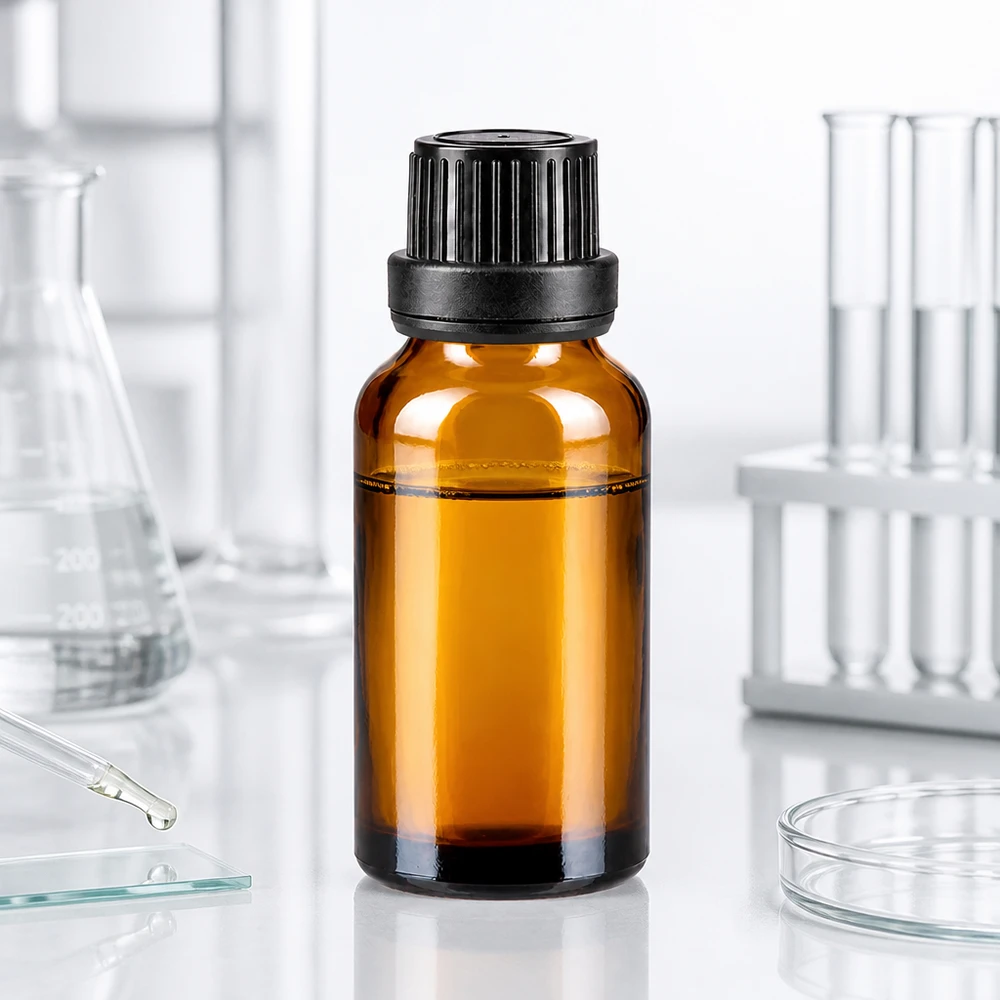 Kleine Laborflasche aus bernsteinfarbenem Apothekerglas mit schwarzer Originalverschlusskappe 20ml