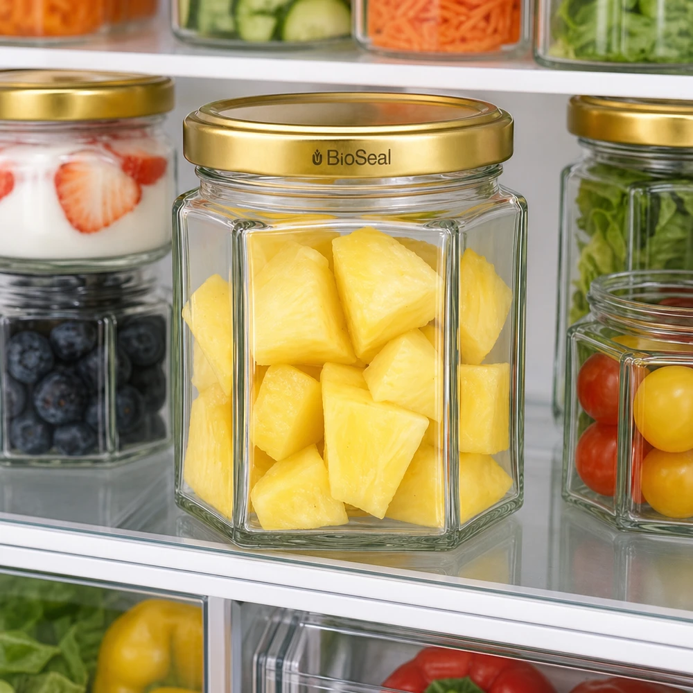 47ml Hexaglas mit BioSeal Deckel gold UNiTWIST UNiTWIST Hexa47 mit goldenem BioSeal Deckel voller Ananasstücke im organisierten Kühlschrank neben buntem Obst