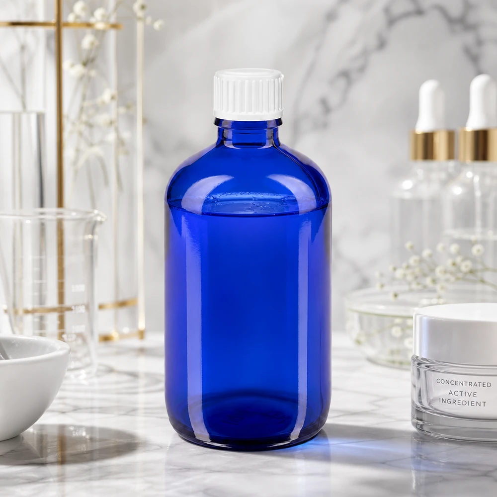 Apothekenflasche blau 100ml Schraubverschluss weiß Standard Kobaltblaue Apothekerflasche 100ml neben Kosmetikprodukten und Laborausrüstung