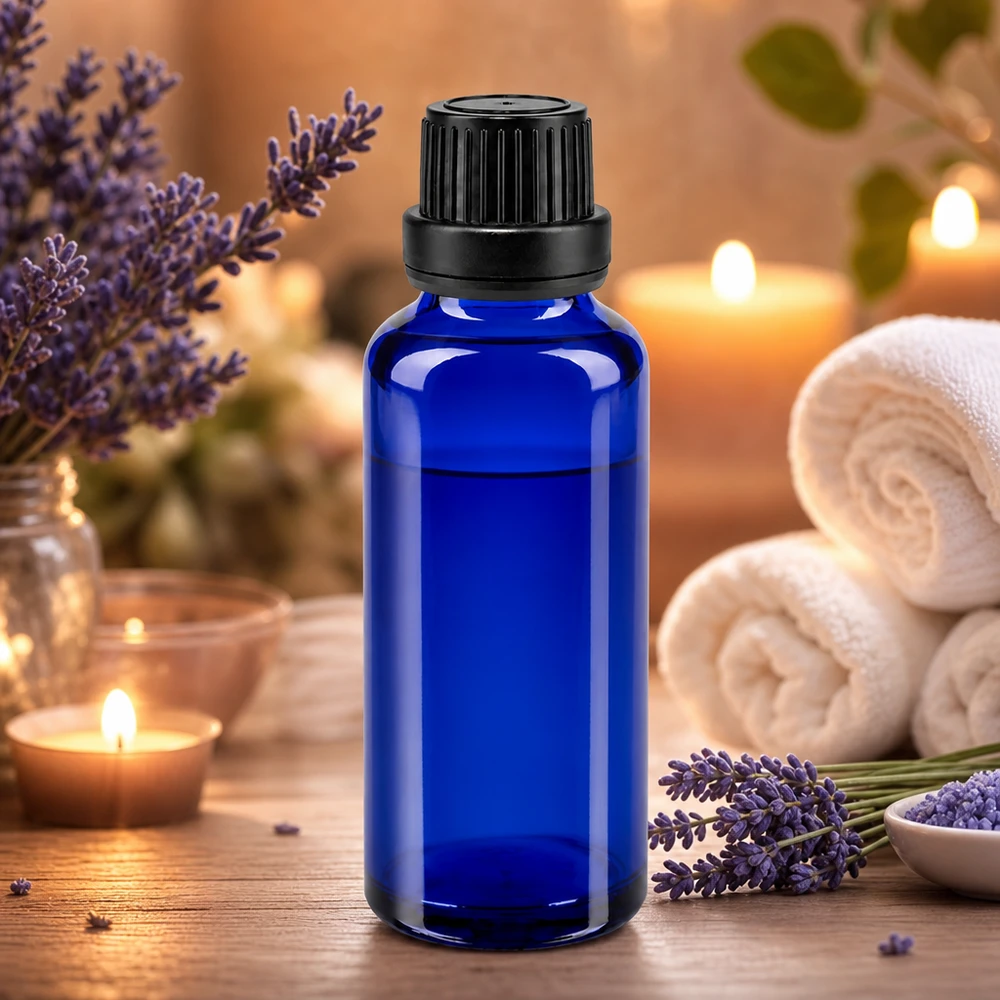 Kobaltblaue Tropfflasche 30ml ApoGlas mit OV schwarz für Aromatherapie und Naturkosmetik