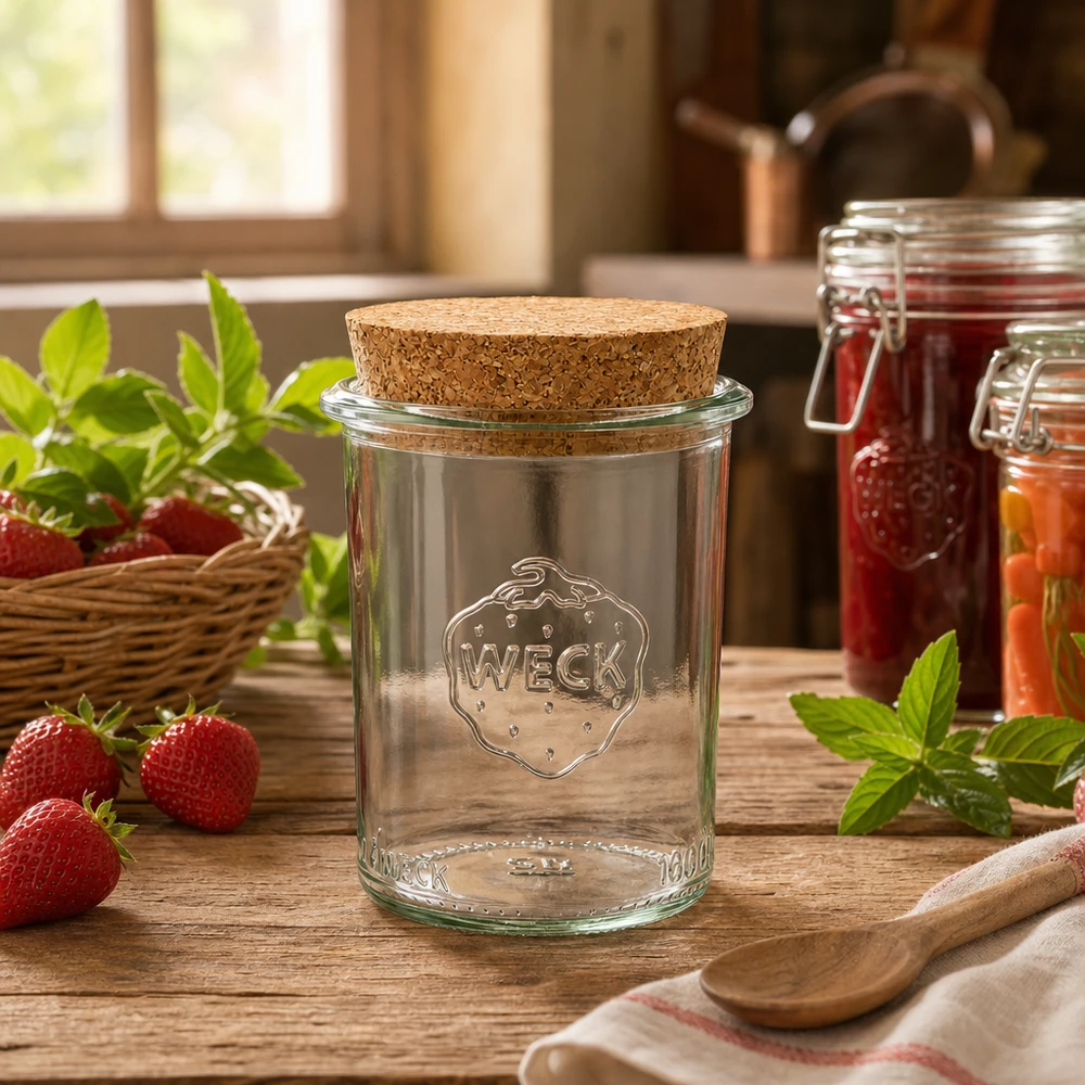WECK RR60 Einmachglas 160ml mit Korkdeckel in rustikaler Küche neben Erdbeeren und Marmeladengläsern