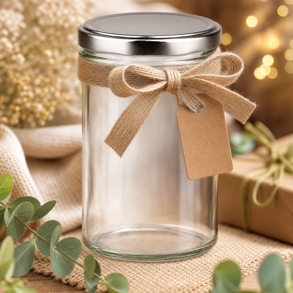 435ml Sturzglas mit BasicSeal Deckel silber UNiTWIST 435ml Sturzglas mit silbernem Deckel als Geschenkverpackung mit Juteschleife und Anhänger - dekorative Präsentation