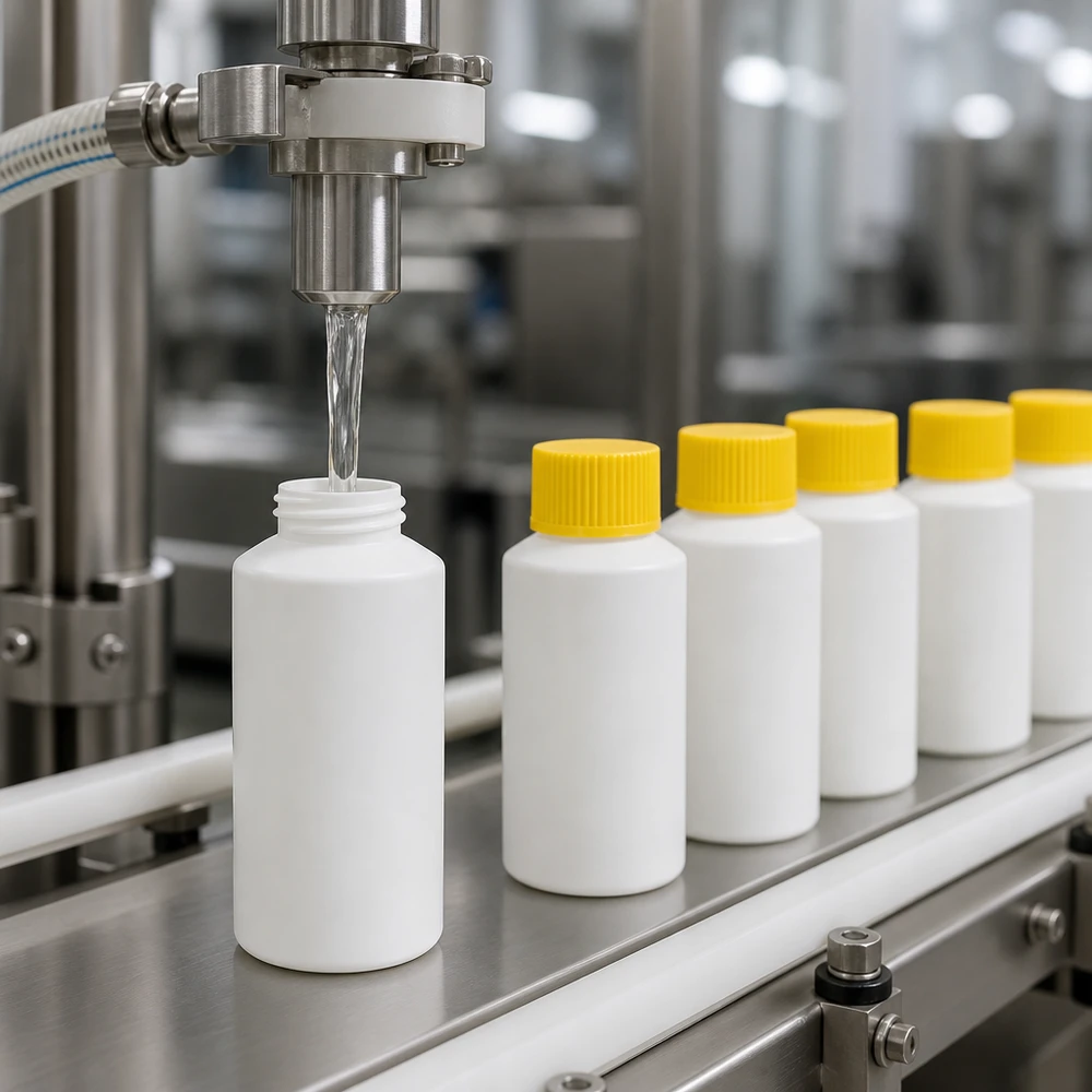 Weiße 30ml Apothekenflaschen aus lebensmittelechtem HDPE mit gelbem SV am Förderband