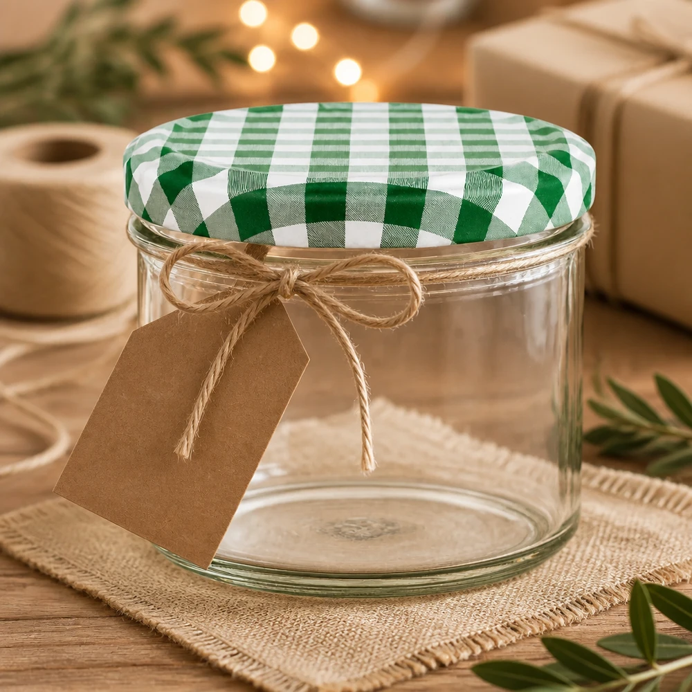 225ml Sturzglas mit grün-weißem Karodeckel und Kraftpapier-Anhänger als Geschenkidee dekorativ präsentiert