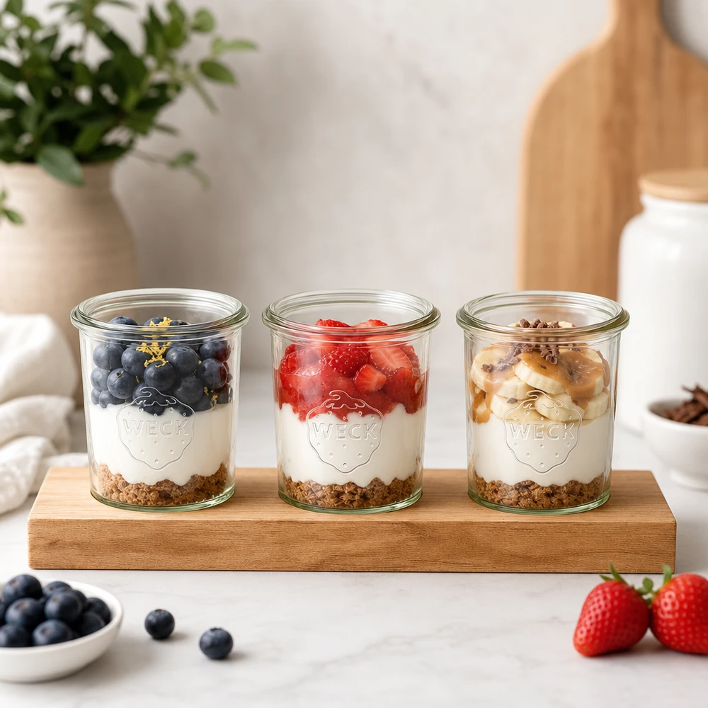 Servierbrett Plano3 mit 3 Weck Sturzgläsern 160ml Servierbrett Plano3 mit Weck Gläsern als Joghurt-Parfait mit Beeren Granola und Nüssen in heller Küche