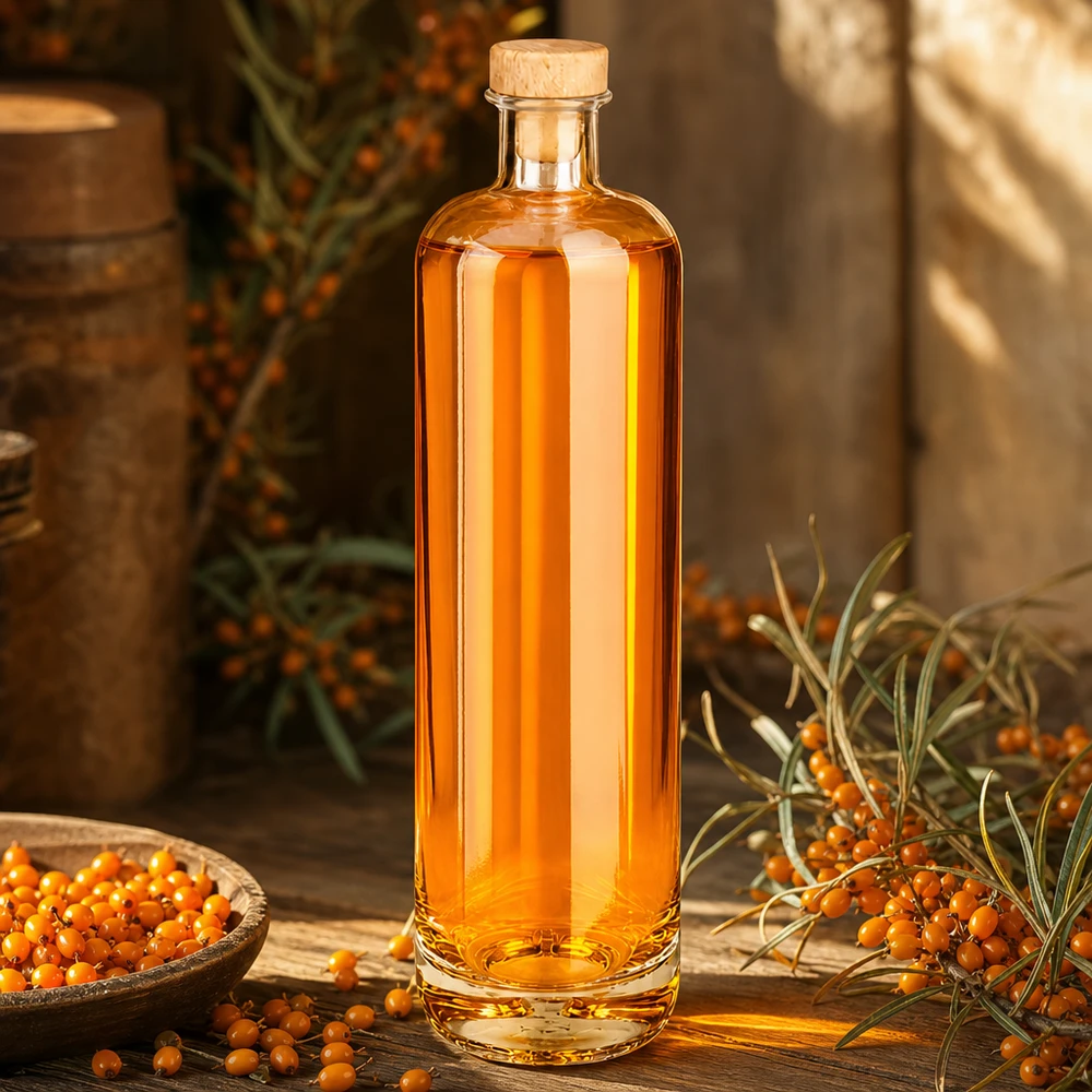 700ml Glasflasche "Eleganz" mit Holzgriffkorken UNiTWIST® 700ml Glasflasche Ella mit Sanddornlikör gefüllt und Holzkorken zwischen frischen Sanddornbeeren auf Holztisch
