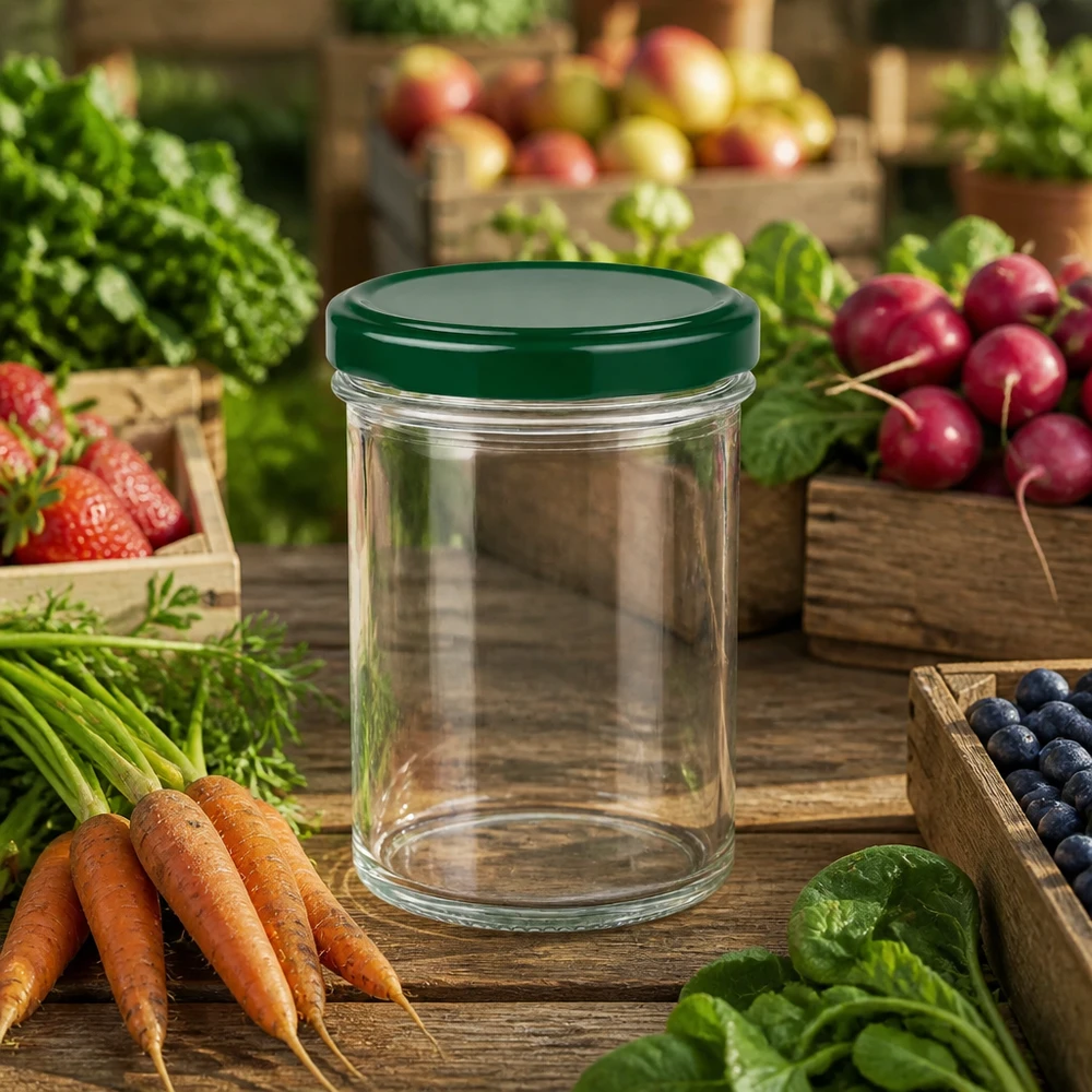 350ml Sturzglas + BasicSeal Deckel grün UNiTWIST 350ml Sturzglas UNiTWIST leer mit grünem Deckel zwischen frischem Gemüse Obst und Kräutern auf Holztisch