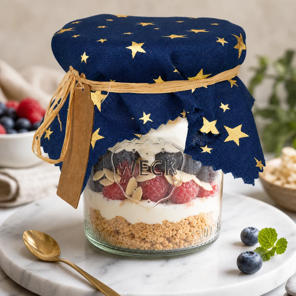 Stoff Schmuckdeckchen blau "Sterne" 15cm eckig Blaues Sternenmuster Schmuckdeckchen auf Dessertglas mit Beeren und Sahne - dekoratives Stoffdeckchen 15cm eckig