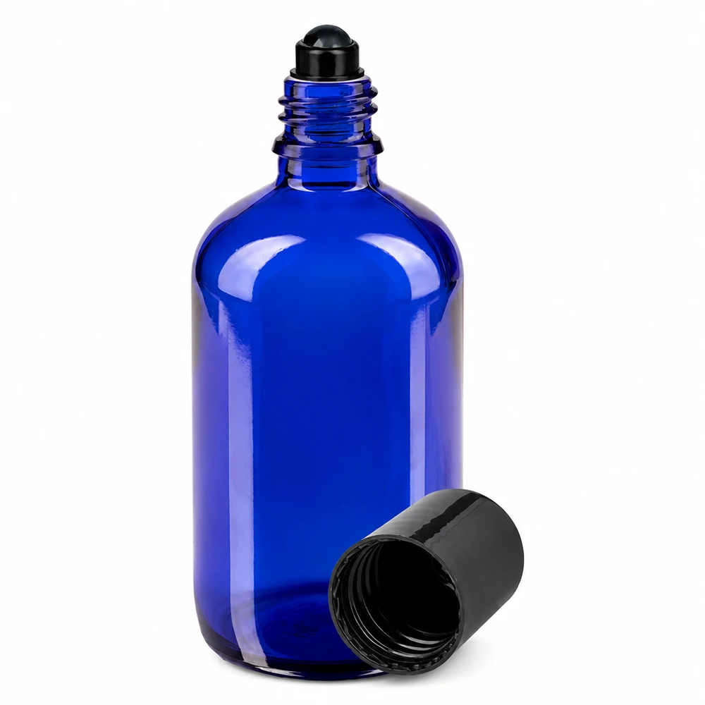 Apothekenflasche blau 100ml Roll-On Verschluss schwarz Blaue Glasflasche 100ml mit schwarzem Roll-On Aufsatz und Schraubdeckel STD