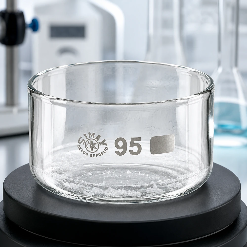 300ml Kristallisierschale ohne Ausguss Borosilikat ø95mm Flache Glasschale 300ml im Labor weißes Kristallpulver Boden zylindrische Form ohne Ausguss