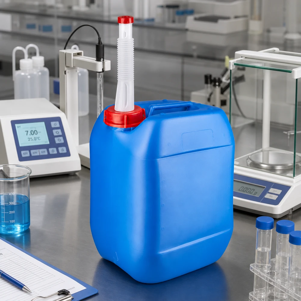 Kanister 10 Liter blau mit Auslaufrohr Flex Lebensmittelechter Kunststoffkanister 10L blau mit Flex-Auslaufrohr neben Analysenwaage