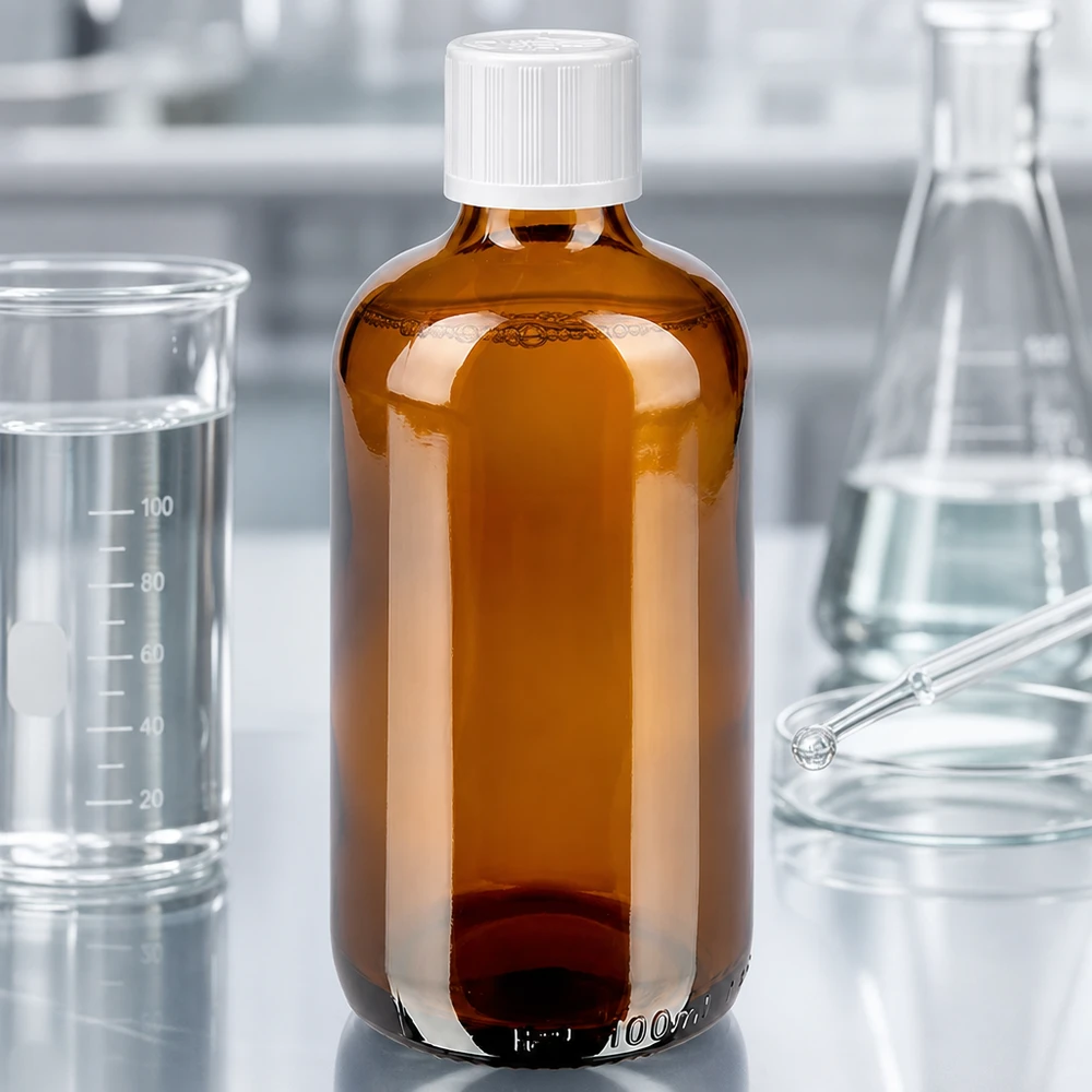 Braunglas Apothekenflasche 100ml UV-Schutz weißer Kindersicherheitsverschluss 11mm Laborumgebung