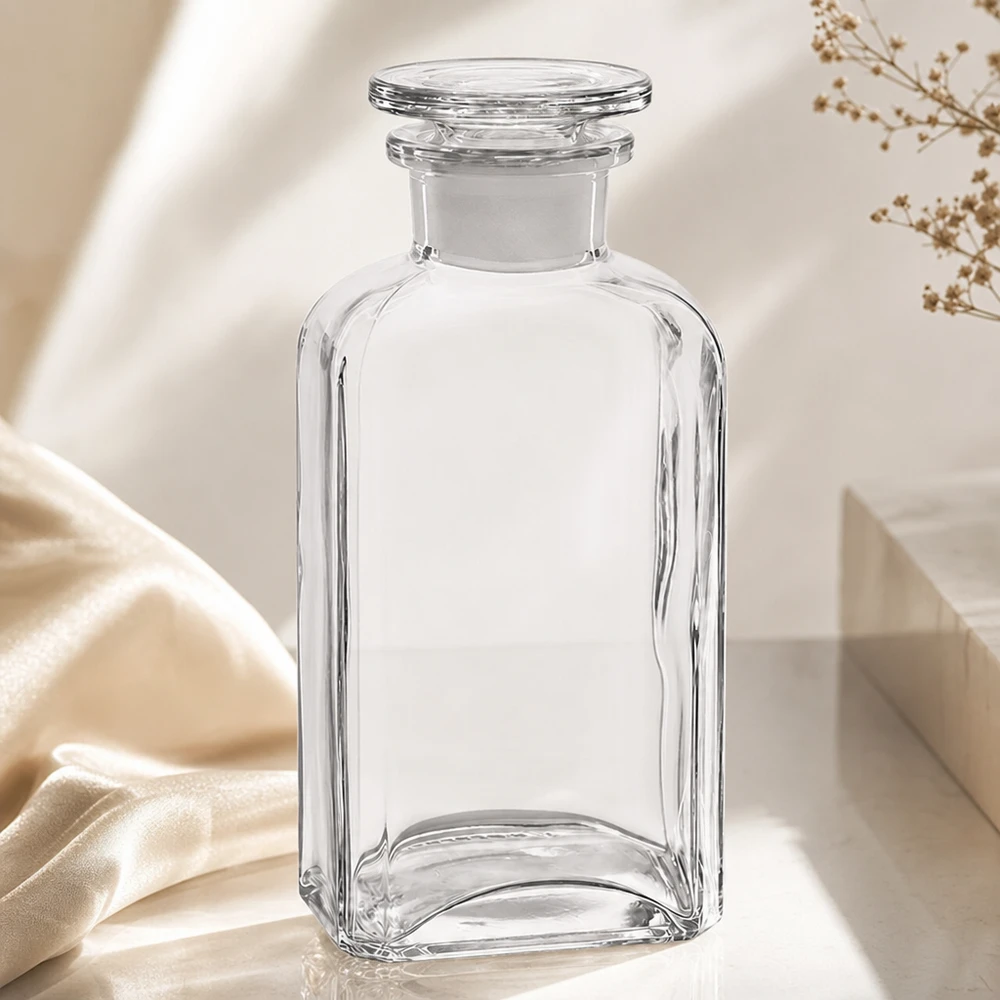 Rechteckige Vorratsflasche 250ml aus klarem Glas mit griffigem Glasstopfen und Weithals