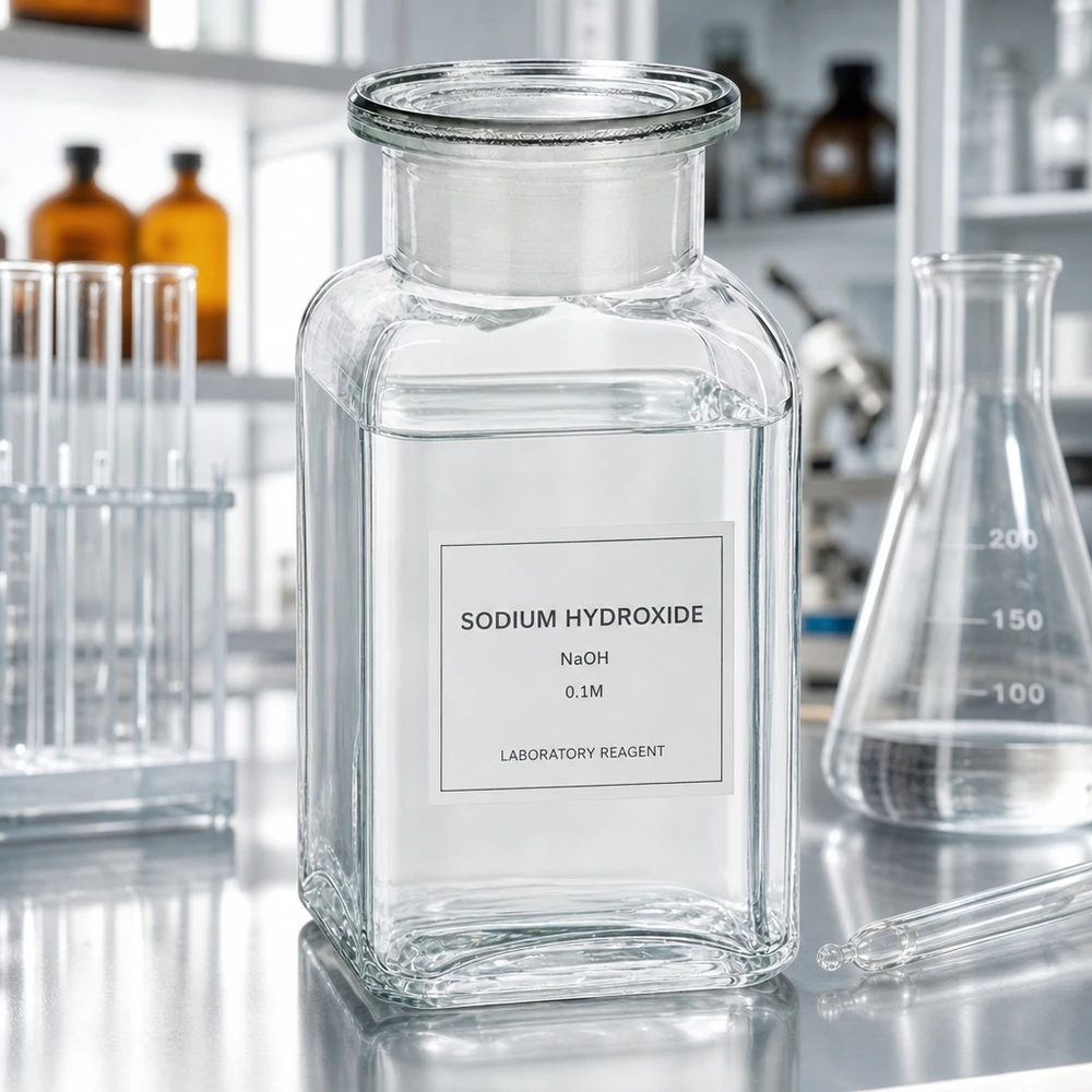 Vierkantflasche 100ml Glas klar Weithals Stopfen neben Erlenmeyerkolben und Reagenzgläsern
