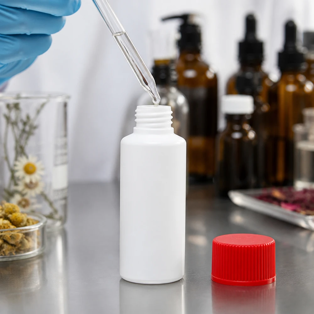 Apothekenflasche HDPE 30ml weiß, mit rotem Schraubverschluss Kompakte weiße Apothekenabfüllflasche HDPE 30ml mit rotem Schraubendeckel