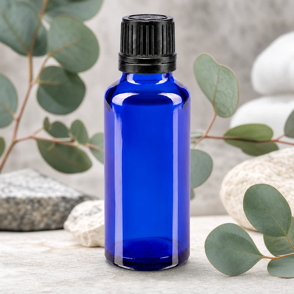 Apothekenflasche blau 30ml Schraubverschluss schwarz Giessring Originalitätsverschluss Blaue 30ml Tropfflasche aus hochwertigem Apothekenglas mit wiederverschließbarem Deckel