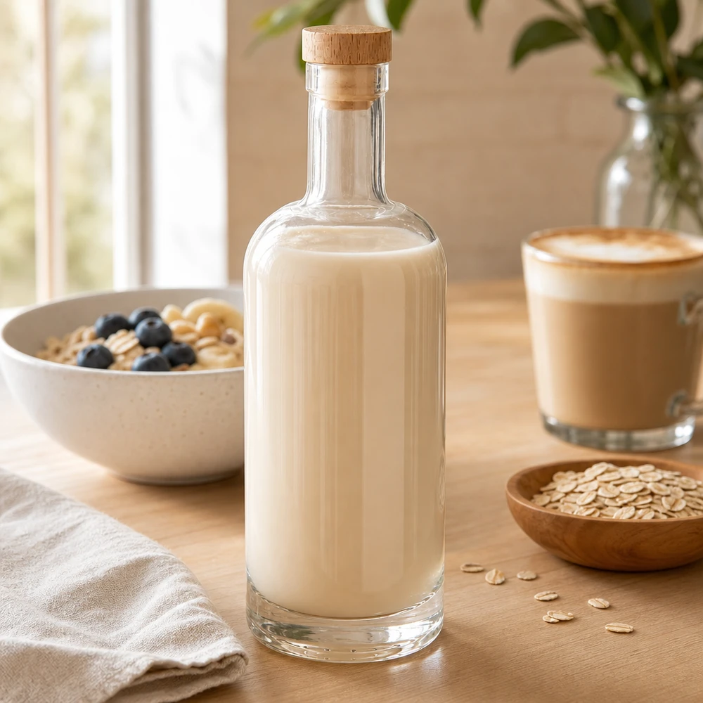 750ml Glasflasche "Attila" mit Holzgriffkorken UNiTWIST® 750ml Glasflasche Emma mit Holzkorken gefüllt mit Hafermilch neben Müslischale und Kaffeetasse auf Holztisch
