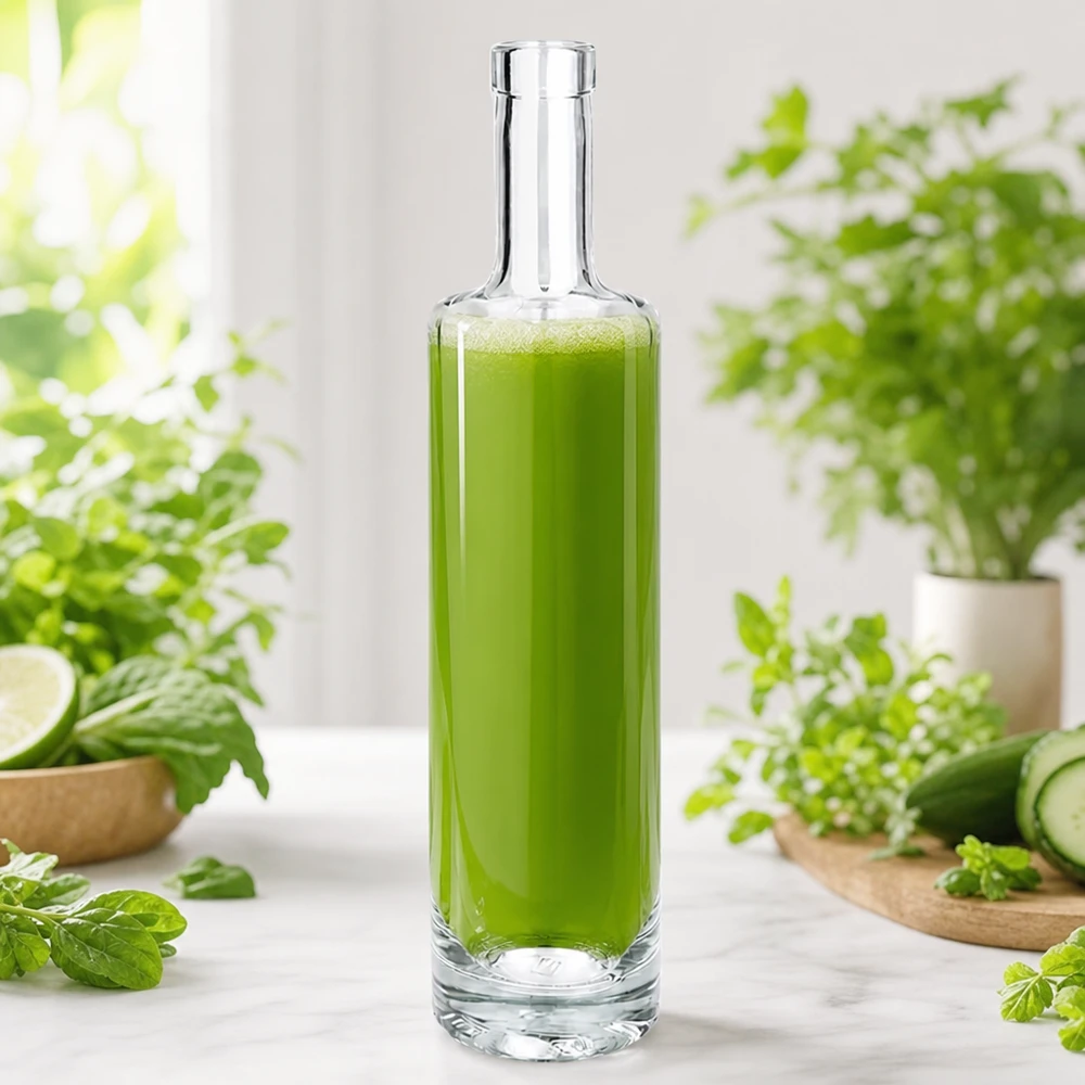 500ml Glasflasche "Centurio" ohne Verschluss UNiTWIST® 500ml Glasflasche Lina mit grünem Smoothie gefüllt zwischen frischen Kräutern und Gemüse in natürlicher Küchenszene