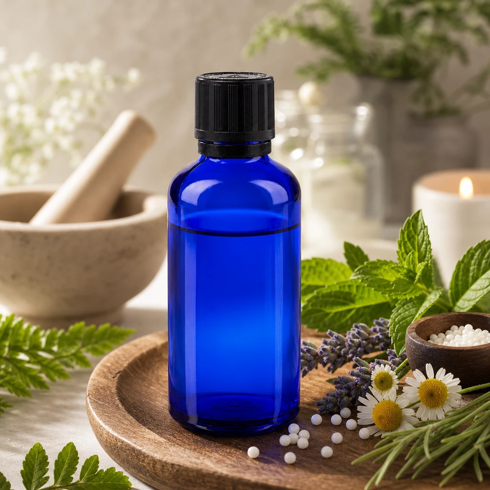 Kobaltblaues Apothekerfläschchen 50ml mit Kindersicherheitsverschluss neben Lavendel und Heilkräutern