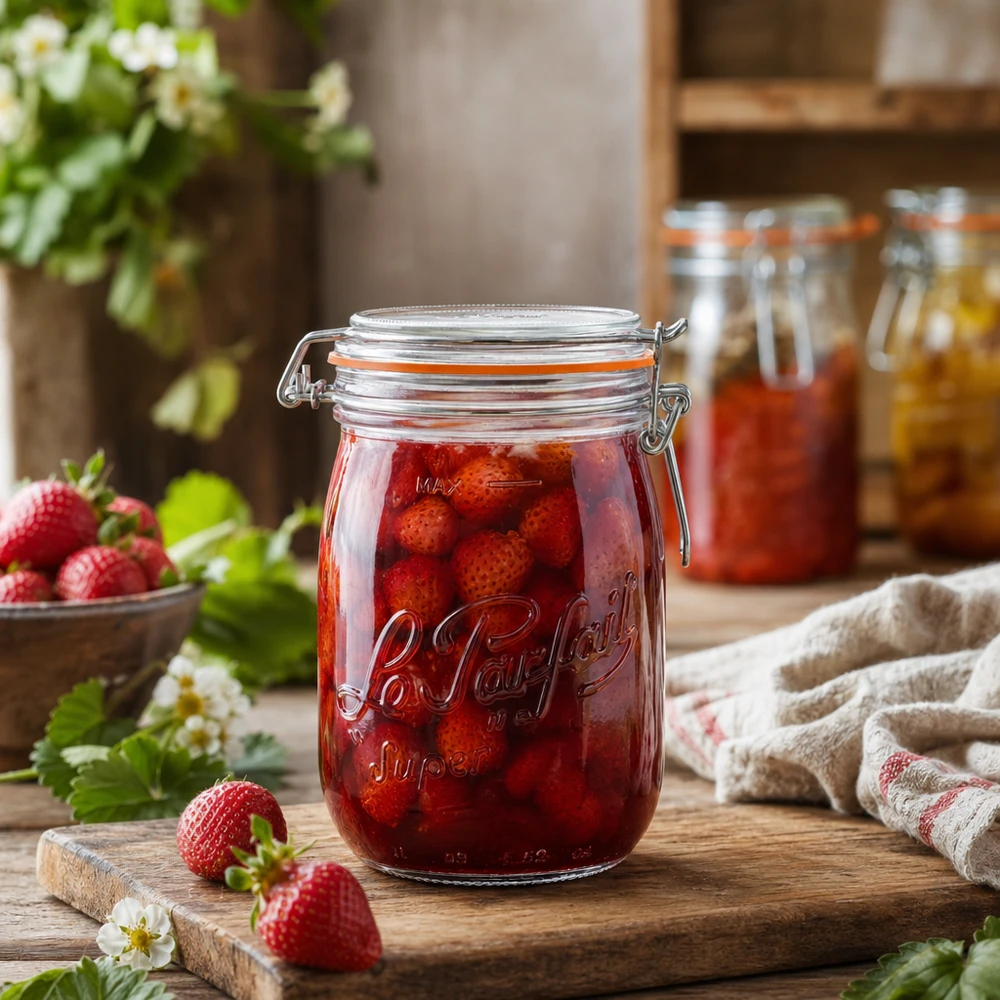 1000ml Le Parfait Super Vorratsglas mit Bügelverschluss gefüllt mit Erdbeeren auf Holzbrett in rustikaler Küche