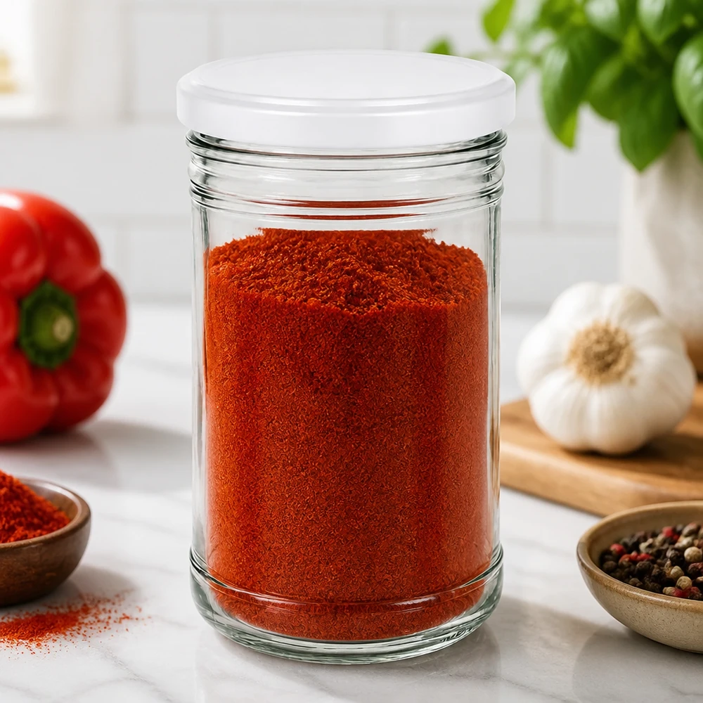 1053ml Sturzglas mit BasicSeal Deckel weiß UNiTWIST 1053ml Sturzglas gefüllt mit rotem Paprikapulver in Küchenumgebung mit frischen Zutaten praktische Gewürzaufbewahrung